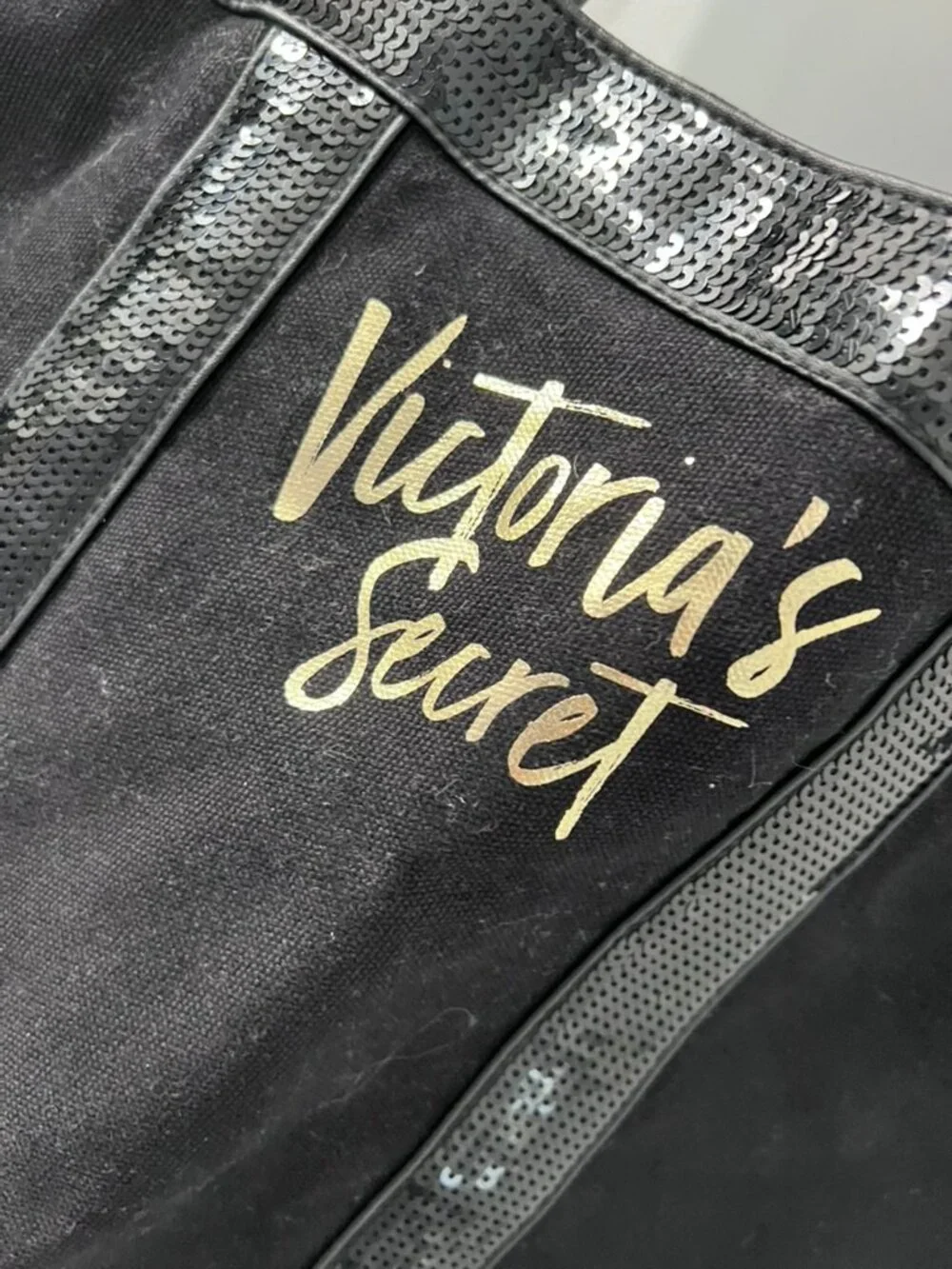 Victoria's Secret Black Canvas Sequin Tote Bag Large Shoulder Carryall